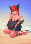  1girl animal_ears bangs bare_shoulders barefoot beach bikini black_bow blush bow braid breasts cat_ears character_doll cleavage collarbone day food fruit hair_bow highres kaenbyou_rin large_breasts long_hair ocean outdoors popsicle recare red_eyes red_hair reiuji_utsuho reiuji_utsuho_(bird) sitting solo swimsuit tail tan tanlines toes tongue touhou twin_braids watermelon 