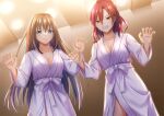  2girls aozaki_aoko aozaki_touko bangs bath_yukata blue_eyes breasts brown_hair cleavage closed_mouth commentary_request eyebrows_visible_through_hair grin hair_between_eyes hands_up high_ponytail indoors japanese_clothes kara_no_kyoukai kimono long_hair long_sleeves medium_breasts multiple_girls ponytail red_eyes red_hair smile toshi_(1-147) very_long_hair white_kimono wide_sleeves yukata 