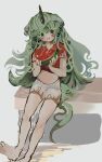  1girl barefoot cloud_print curly_hair food food_on_face fruit full_body green_eyes green_hair grey_background highres horns inkopiko komano_aunn long_hair looking_at_viewer shorts simple_background single_horn solo tail toes touhou very_long_hair watermelon white_shorts 