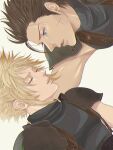  2boys arm_around_back armor belt black_hair blonde_hair blue_eyes blue_shirt closed_eyes cloud_strife earrings final_fantasy final_fantasy_vii hair_slicked_back highres jewelry multiple_boys parted_lips scar scar_on_cheek scar_on_face shirt shoulder_armor single_earring sleeveless sleeveless_turtleneck spiked_hair suspenders turtleneck upper_body user_apdg4354 zack_fair 