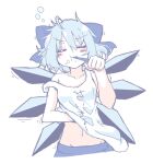  1girl =_= ahoge bangs blue_bow blue_hair blue_skirt blush_stickers bow brushing_teeth cirno closed_eyes closed_mouth collarbone do_(4-rt) eyebrows_visible_through_hair groin hair_between_eyes hair_bow hand_under_clothes hand_under_shirt highres ice ice_wings navel shirt short_hair simple_background skirt solo toothbrush touhou upper_body white_background white_shirt wings 
