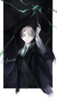  1boy bangs black_background black_coat coat collared_shirt green_necktie grey_hair grey_sweater_vest hair_over_one_eye harry_potter:_magic_awakened harry_potter_(series) hogwarts_school_uniform holding holding_wand long_sleeves looking_at_viewer magic meru02295238 mole mole_under_eye necktie outside_border school_uniform shirt short_hair slytherin smile solo sweater_vest upper_body wand 