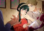  1girl 2boys bare_shoulders black_hair blonde_hair blue_eyes blush brother_and_sister collared_shirt couple cup drinking_glass food food_on_face highres husband_and_wife indoors jealous long_sleeves multiple_boys nervous_smile oekakisuru_uni off-shoulder_sweater off_shoulder out_of_frame red_eyes red_sweater shirt siblings sidelocks sitting smile spill spilling spy_x_family sweatdrop sweater twilight_(spy_x_family) yor_briar yuri_briar 