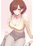  1girl bangs blush breasts brown_hair cleavage collarbone commentary evan_yang feet grey_pants hair_ornament hairclip high-waist_pants highres higuchi_madoka idolmaster idolmaster_shiny_colors large_breasts lips long_sleeves midriff mole mole_under_eye pants purple_eyes revision shirt short_hair sitting solo stirrup_legwear swept_bangs thighs tight tight_pants toeless_legwear wariza yellow_shirt yoga_pants 