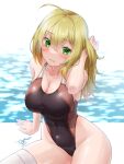  1girl ahoge awono_nanaumi black_swimsuit borrowed_character breasts cleavage commentary_request competition_swimsuit green_eyes hair_tucking highleg highleg_swimsuit highres large_breasts long_hair one-piece_swimsuit original sitting solo swimsuit yokozuwari 