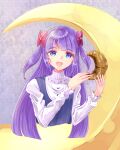  bakery bread casual collared_shirt crescent_moon croissant dress dress_shirt food frills g_tear hair_between_eyes hair_ribbon highres kaguya_madoka long_hair long_sleeves moon open_mouth precure purple_background purple_eyes purple_hair red_ribbon ribbon shirt shop sleeveless sleeveless_dress smile star_twinkle_precure upper_body 