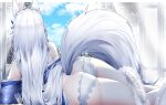  1girl absurdres animal_ears ass azur_lane fox_ears fox_tail from_behind fur_trim highres lace lace_panties long_hair lying on_side panties samip shinano_(azur_lane) solo tail thighs underwear white_hair white_panties white_tail 