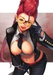  1girl absurdres black_gloves braid braided_ponytail breasts cropped_shirt earrings glasses gloves highres hinoru_saikusa jacket jewelry large_breasts leaning_forward licking_lips long_hair looking_at_viewer midriff navel necktie nipples open_clothes open_fly open_jacket open_shirt panties pants red_eyes red_hair red_panties solo the_king_of_fighters tinted_eyewear tongue tongue_out underwear vanessa_(kof) very_long_hair 