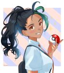  1girl absurdres artist_name black_hair breasts close-up collared_shirt dark-skinned_female dark_skin face freckles green_hair highres long_hair meisaki multicolored_hair necktie nemona_(pokemon) orange_eyes orange_necktie poke_ball poke_ball_(basic) pokemon pokemon_(game) pokemon_sv ponytail portrait shirt smile solo streaked_hair upper_body white_shirt 