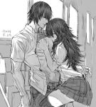  1boy 1girl abs assertive_female bad_source black_hair blush clothes_lift dated greyscale hetero indoors licking licking_nipple long_hair monochrome open_clothes open_shirt original pleated_skirt school_uniform shirt shirt_lift skirt sucking sucking_male_nipple survival_yaiba thighhighs window 