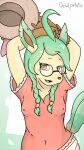  5_fingers 9:16 anthro blush breasts bust_portrait canid clothing deadpotato eeveelution erect_nipples eyebrows eyewear female fingers glasses glistening glistening_hair gloves_(marking) green_hair hair hand_behind_head hi_res leafeon looking_at_viewer mammal markings navel nintendo nipples open_mouth panties pok&eacute;mon pok&eacute;mon_(species) portrait raised_arm signature simple_background small_breasts solo solo_focus tagme translucent translucent_hair underwear video_games 