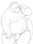  2013 anthro belly big_belly blush bodily_fluids bulge clothing dragon genital_fluids humanoid_hands kemono magumataishi male moobs navel nipples overweight overweight_male precum solo underwear 