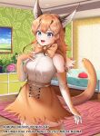  1girl animal_costume animal_ear_fluff animal_ears bed blue_eyes bow bowtie caracal_(kemono_friends) caracal_ears elbow_gloves gloves kemono_friends long_hair looking_at_viewer menna_(0012) open_mouth orange_hair orange_skirt shirt skirt sleeveless sleeveless_shirt smile solo tail white_shirt window 