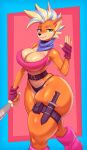  absurd_res anthro bandanna bandicoot belt big_breasts breasts cleavage clothed clothing curvy_figure ear_piercing ear_ring female fingerless_gloves gloves handwear hi_res kerchief knife legband mammal marsupial melee_weapon mohawk panties piercing pirate_tawna smile solo sword thick_thighs thighband topwear torou underwear voluptuous weapon wide_hips 