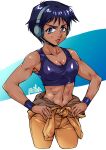  1girl abs armband black_hair blue_eyes blue_sports_bra breasts dark-skinned_female dark_skin gundam hands_on_own_hips headset highres medium_breasts muscular muscular_female neneka_corps. open_mouth pilot_suit saika_(pixiv43370196) sports_bra victory_gundam zanscare 
