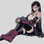  1girl asymmetrical_bangs bangs black_hair black_legwear breasts brown_eyes earrings elbow_pads final_fantasy final_fantasy_vii final_fantasy_vii_remake fingerless_gloves gloves grey_background highres jewelry large_breasts leg_up long_hair low-tied_long_hair midriff oimo_(oimkimn) own_hands_clasped own_hands_together shirt sitting skirt solo suspender_skirt suspenders thighhighs tifa_lockhart white_shirt 