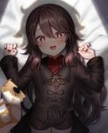  1boy 1girl aether_(genshin_impact) bed_sheet blush brown_hair chinese_clothes genshin_impact highres hu_tao_(genshin_impact) jewelry long_hair long_sleeves looking_at_viewer lying nail_polish neit_ni_sei on_back on_bed open_mouth red_eyes ring shadow short_shorts shorts smile sweatdrop symbol-shaped_pupils twintails very_long_hair 