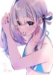  1girl amane_kanata bangs bare_arms bikini blue_bikini blue_eyes blue_hair blush closed_mouth colored_inner_hair dated flat_chest grey_hair hair_tie_in_mouth halterneck hikawa_shou holding holding_hair hololive looking_at_viewer mouth_hold multicolored_hair pink_hair signature simple_background smile solo streaked_hair string_bikini swimsuit tying_hair upper_body virtual_youtuber white_background 