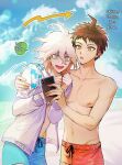  2boys :d arrow_(symbol) bangs blue_male_swimwear blush brown_eyes brown_hair cloud collarbone danganronpa_(series) danganronpa_2:_goodbye_despair danganronpa_s:_ultimate_summer_camp day fang groin hair_between_eyes hand_up hinata_hajime holding holding_phone jacket komaeda_nagito long_sleeves male_swimwear medium_hair multiple_boys navel open_mouth outdoors phone ppap_(11zhakdpek19) red_male_swimwear short_hair smile speech_bubble sweat translation_request white_jacket 