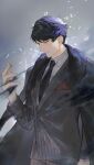  1boy absurdres arm_at_side aura bangs black_cape black_hair black_necktie blue_hair breast_pocket cape character_request closed_mouth collared_shirt dust formal fur-trimmed_cape fur_trim grey_background grey_jacket half-closed_eyes hand_up handkerchief highres jacket kkia light_and_night_love light_smile long_sleeves looking_at_hand looking_away looking_down male_focus necktie partially_unbuttoned pocket profile purple_eyes shards shirt short_hair solo suit upper_body white_shirt 