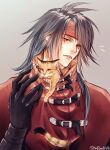  1boy black_hair cat cloak final_fantasy final_fantasy_vii gloves headband leather leather_gloves long_hair looking_down messy_hair red_eyes s_hitorigoto3 sweatdrop torn_clothes vincent_valentine 