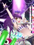  13-gou 1girl armpits long_hair looking_at_viewer navel open_mouth pretty_(series) pripara purple_hair side_ponytail smile solo toudou_shion yellow_eyes 