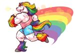  2022 anthro big_muscles bottomwear clothed clothing earbuds equid equine hair headphones hooves horse lgbt_history_month lgbt_pride male mammal multicolored_hair muscular muscular_anthro muscular_male nomorebiscuit pride_colors rainbow_hair running shirt shorts side_view simple_background smile solo tank_top topwear white_background 