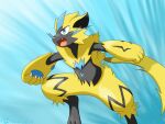  2022 absurd_res digital_media_(artwork) digitigrade fur gradient_background hebushi hi_res legendary_pok&eacute;mon male multicolored_body multicolored_fur nintendo open_mouth pok&eacute;mon pok&eacute;mon_(species) simple_background solo video_games yellow_body yellow_fur zeraora 