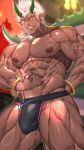  1boy abs bara biceps blurry blurry_background bulge dark-skinned_male dark_skin dragon_tail ear_piercing earrings firenzesaika flexing frown green_eyes highres horns jewelry jockstrap large_pectorals looking_at_viewer male_focus male_underwear manly mature_male muscular muscular_male navel navel_hair nipples no_pants original pectorals piercing pointy_ears pose scar scar_on_arm scar_on_face scar_on_stomach slit_pupils smirk solo spiked_hair tail teeth thick_arms thick_thighs thighs topless_male underwear veins veiny_arms white_hair wristband 