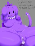  2021 3:4 absurd_res alien angunny_(bloocherrypie) anthro belly biped black_eyes bloocherrypie blush bodily_fluids breasts dialogue english_text female front_view genital_fluids genitals grey_background hi_res navel open_mouth purple_body pussy pussy_juice reclining simple_background solo spade_tail spread_legs spreading text thick_thighs tongue tongue_out 
