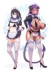  2girls apron beads belt bikini black_footwear black_hair black_skirt bottomless breasts chinese_commentary cleavage closed_mouth dark-skinned_female dark_skin demon_girl demon_horns demon_tail detached_sleeves eyebrows_visible_through_hair forehead frilled_skirt frills full_body garter_belt garter_straps glasses green_hair hair_between_eyes hand_on_hip high_heels highres horns huge_breasts legs_apart lifted_by_self long_hair looking_at_viewer maid maid_apron maid_bikini maid_headdress medium_breasts multicolored_hair multiple_girls nail_polish navel original parted_lips pointy_ears purple_eyes purple_hair red_eyes red_hair sagging_breasts shadow shiny shiny_skin shrug_(clothing) skirt smile standing standing_on_one_leg streaked_hair string_bra swimsuit tail thighhighs tinnies two-tone_hair two_side_up white_legwear wrist_cuffs 