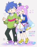  156m 1boy 1girl animal_bag arm_hug bike_shorts blue_hair blue_headwear blue_shorts blush closed_eyes double_bun gradient_hair green_sweater grey_background hat heart highres jacket kawaii_kotarou long_hair looking_at_another mini_hat mini_top_hat monster_girl multicolored_hair open_mouth pink_hair puniru_(puniru_wa_kawaii_slime) puniru_wa_kawaii_slime shoes shorts simple_background slime_(substance) slime_girl smile sneakers sweatdrop sweater top_hat 