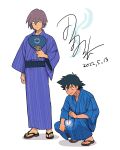  2boys alternate_costume ash_ketchum bangs black_eyes black_hair blue_kimono closed_mouth commentary_request dated fireworks hair_between_eyes highres holding holding_paddle japanese_clothes kimono looking_down male_focus multiple_boys paddle paul_(pokemon) pokemon pokemon_(anime) pokemon_dppt_(anime) purple_kimono sandals short_hair smile sparkler squatting standing tamura_(kouititamura) toes 