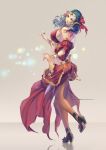  1girl avatar_(ff14) blue_hair borrowed_character bow claparo-sans commission dress earrings elezen elf feathers final_fantasy final_fantasy_xiv high_heels highres jewelry light_particles long_hair pantyhose pointy_ears red_bow red_dress reflection standing tiara walking yellow_eyes 