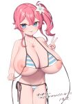  1girl :p bangs bikini blue_eyes blush breasts cleavage collarbone highres hsuliherng huge_breasts nail_polish navel nipples oppai_loli original pink_hair side_ponytail signature simple_background solo striped striped_bikini swimsuit tongue tongue_out translation_request v white_background 