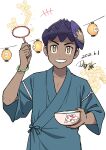  1boy aqua_kimono bowl bracelet bright_pupils character_print collarbone commentary_request dark-skinned_male dark_skin dated goldeen hand_up highres holding holding_bowl hop_(pokemon) japanese_clothes jewelry kimono leon_(pokemon) male_focus mask mask_on_head poi_(goldfish_scoop) pokemon pokemon_(anime) pokemon_journeys purple_hair short_hair signature solo tamura_(kouititamura) water white_pupils yellow_eyes 