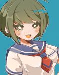  1girl :d ahoge ameko53133 bangs blue_sailor_collar blush breast_pocket breasts danganronpa_(series) danganronpa_another_episode:_ultra_despair_girls eyebrows_visible_through_hair green_background green_eyes grey_shirt highres large_breasts naegi_komaru necktie pocket portrait red_necktie sailor_collar shirt short_hair short_necktie simple_background smile solo teeth upper_teeth 