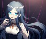  1girl :d artist_name bag bangs blue_eyes breasts corset danganronpa_(series) danganronpa_v3:_killing_harmony dress_shirt glasses gradient gradient_background hands_up large_breasts light_particles long_hair long_sleeves mikao_(eanv5385) neck_ribbon open_mouth parted_bangs pink_ribbon red_ribbon ribbon shiny shiny_hair shirogane_tsumugi shirt smile solo upper_body white_shirt 