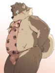  2017 anthro asian_clothing belly big_belly blush canid canine canis clothing domestic_dog east_asian_clothing fundoshi japanese_clothing kemono lifewonders magumataishi male mammal moobs moritaka nipples overweight overweight_male scar simple_background solo tokyo_afterschool_summoners underwear video_games 
