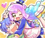  1boy 1girl ;d animal_bag bike_shorts blue_hair blue_headwear blue_shorts blush dotted_background double_bun gradient_hair green_eyes hat heart hug jacket kawaii_kotarou leg_up long_hair looking_at_another looking_at_viewer mini_hat mini_top_hat monster_girl multicolored_hair one_eye_closed open_mouth pink_hair puniru_(puniru_wa_kawaii_slime) puniru_wa_kawaii_slime satie shorts slime_girl smile top_hat twitter_username v 