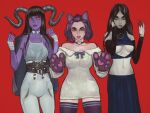  3girls animal_ears animal_hands ass_visible_through_thighs bangs bare_shoulders black_hair black_lips black_nails blue_bow blue_eyes blue_skirt blunt_bangs borrowed_character bow breasts buttons cat_ears choker colored_skin detached_sleeves double-breasted dress fingernails gloves hands_up highres horns jacket jacket_on_shoulders lipstick long_hair looking_at_viewer makeup medium_hair mossacannibalis multiple_girls nail_polish navel off-shoulder_sweater off_shoulder original pants parted_bangs parted_lips paw_gloves pleated_skirt purple_hair purple_legwear purple_skin red_background red_lips simple_background skirt smile sweater sweater_dress thighhighs underboob white_choker white_pants yellow_eyes 