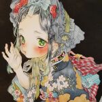  1girl benko black_background black_hair blush bonnet bow cherry_blossom_print cloud_print commentary_request floral_print food-themed_hair_ornament forehead frilled_bonnet gradient_hair hair_bow hair_ornament hand_up highres japanese_clothes kimono lolita_fashion looking_at_viewer multicolored_hair obi original painting_(medium) parted_lips print_kimono sash simple_background solo strawberry_hair_ornament traditional_media upper_body wa_lolita watercolor_(medium) 