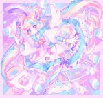  1girl angel_wings animal_ears blue_eyes blue_hair dress food hair_ribbon heterochromia highres komusun long_hair looking_at_viewer marshmallow multicolored_clothes multicolored_hair original pastel_colors pink_eyes pink_hair rabbit rabbit_ears rabbit_girl ribbon solo striped striped_legwear thighhighs wings 