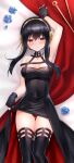  1girl bangs bare_shoulders black_dress black_gloves black_hair blush breasts cleavage dress earrings flower gloves hair_flower hair_ornament hairband highres holding jewelry large_breasts long_hair looking_at_viewer panties panty_peek red_eyes shouu-kun sidelocks solo spy_x_family thick_thighs thighs underwear weapon yor_briar 