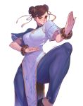  1girl absurdres bracelet chun-li cowboy_shot double_bun eyeliner fighting_stance flats hair_pulled_back hair_ribbon highres jewelry leg_up makeup rattlepool ribbon short_sleeves simple_background street_fighter street_fighter_6 thick_thighs thighs white_background 