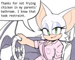  anthro car chiropteran clothed clothing dialogue english_text female green_eyes hi_res limehazard looking_at_viewer makeup mammal meme open_mouth rouge_the_bat seatbelt sega simple_background sitting smile solo sonic_the_hedgehog_(series) steering_wheel text vehicle white_background 