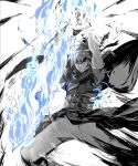  1boy blue_eyes blue_fire cape cape_lift clothes_lift fire fire_emblem fire_emblem:_path_of_radiance flaming_sword flaming_weapon frown greyscale headband highres ike_(fire_emblem) looking_at_viewer male_focus monochrome muscular muscular_male pants shirt_lift solo spiked_hair teeth weapon yourfreakyneighbourh 