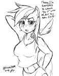  2018 anthro anthrofied athletic athletic_anthro athletic_female blush bodily_fluids bottomwear clothed clothing dialogue digital_drawing_(artwork) digital_media_(artwork) equid equine female friendship_is_magic hair hi_res horse kingjnar looking_at_viewer mammal mane monochrome my_little_pony pegasus pony rainbow_dash_(mlp) shorts signature sketch solo sweat text topwear wings 
