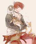  1boy animal bangs black_choker black_vest cat choker closed_mouth grey_background holding holding_animal korean_commentary long_sleeves male_focus nagsnags2 pants pectoral_cleavage pectorals red_eyes red_hair red_pants shirt short_hair simple_background the_king_of_fighters vest white_shirt yagami_iori 