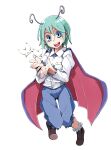  1girl antennae black_cape blue_shorts brown_footwear bug butterfly buttons cape collared_shirt d@i green_eyes green_hair long_sleeves mary_janes open_mouth red_cape shirt shoes short_hair shorts simple_background socks solo touhou two-sided_cape two-sided_fabric white_background white_shirt wriggle_nightbug 